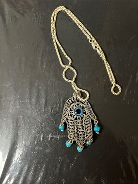 Silver Hamsa Hand Necklace with Blue Eye and Turquoise Beads